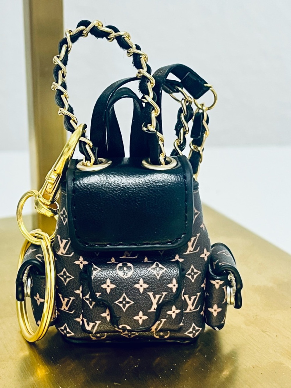 Mini Designer inspired Monogram Backpack Bag Charm &
Keychain - Brown/Gold